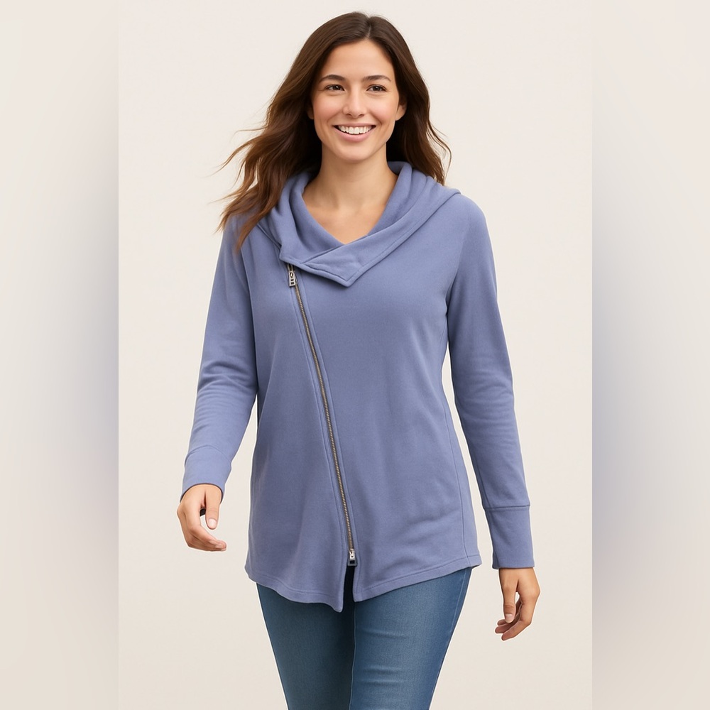 Caslon Asymmetrical Zip Hoodie Periwinkle Blue Terry Knit Long Sleeve Size S G4